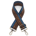 Tracolla larga regolabile con motivo geometrico blu e moschettoni in bronzo - Quadri Marrone Blu (Fibbia Bronzo Antico)
