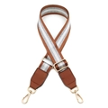 Adjustable brown canvas strap with silver stripes and golden metal hooks for handbags - Brown