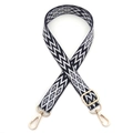 Adjustable black and white geometric woven bag strap with golden metal lobster clasps - Gold Buckle / Black