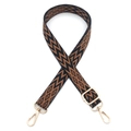 Detail of adjustable vintage geometric bag strap with golden lobster clasps and brown pattern - Black Coffee