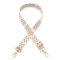 Close-up of woven bag strap with brown wave patterns and golden metal hooks - Brown and White