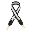 Détail de la bandoulière réglable en similicuir noir avec rayures pailletées et boucles dorées - Boucle Dorée / Noir