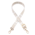 Detail of adjustable beige woven bag strap with geometric patterns and gold metal hooks - Khaki Apricot