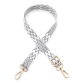 Detail of grey and white geometric woven strap with adjustable gold metal buckle hooks - Light Gray