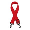 Detail of red nylon shoulder strap with black swivel hooks and adjustable plastic buckle - Red