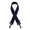 Detail of adjustable navy blue nylon bag strap with plastic swivel hooks and slider - Blue