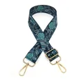Close-up of No. 4 retro green floral wide bag strap with gold metal swivel hooks - Style 4 Navy Blue Vine
