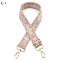 Detail of adjustable bohemian guitar style strap with pink floral jacquard pattern and gold hooks - Gold Buckle (Q-1) / Khaki Nude Pink