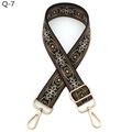 Close-up of ethnic embroidered adjustable wide purse strap with gold lobster clasps - Silver Clasp / Q-7 Black Brown