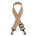 Macro view of adjustable khaki canvas bag strap with black plastic swivel hooks - Khaki