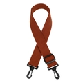 Close-up of rust red adjustable bag strap with black plastic swivel hooks and slider - Brown