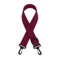 Detail view of burgundy woven adjustable shoulder strap with black plastic swivel snap hooks - Purple