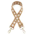 Detail of adjustable woven bag strap with golden metal swivel hooks and geometric pattern - No.2 Khaki Light Brown (Ethnic Geometric) / Gold Clasp