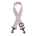 Close-up of lavender canvas bag strap with black plastic swivel hooks and adjustable buckle - Light Purple