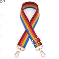 Detail of adjustable rainbow striped wide bag strap with gold metal lobster clasps - C-7 Burgundy Orange Blue Stripes