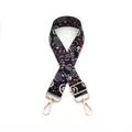 Close-up of wide ethnic style bag strap with vintage patterns and gold metal buckles - Black Dark Grey (No.14)