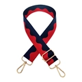 Close-up of adjustable navy and red wavy pattern bag strap with gold metal hooks - Navy Blue and Red