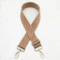 Detail of adjustable coffee and beige woven bag strap with golden metal swivel hooks - Silver Clasp / Light Brown (No.11)