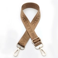 Detail of adjustable nylon strap with Fashion & Classic lettering and gold metal hooks - Camel