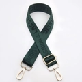 Detail of dark green woven nylon strap with gold metal hooks and fashion lettering - Green