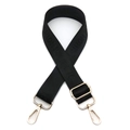 Detail des schwarzen Nylon-Schultergurts mit goldenem Karabiner und Fashion-Schriftzug - Goldschnalle / Schwarz
