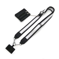 Detail of black woven wide strap with silver stripes and triple-zipper leather pouch - No.23 Black Silver Line + Black Leather