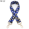 Close-up of adjustable geometric weave strap with light gold metal swivel hooks and buckles - M-12 Blue