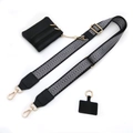 Detail of adjustable black and white woven strap with golden hooks and small zipper pouch - Gold Buckle / No.4 Silver Herringbone + Black Leather