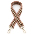Detail of adjustable woven bag strap with pink checkerboard pattern and gold metal hooks - No.11 Pink