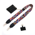 Detail view of colorful geometric strap, black coin purse and metal phone connector pad - No.12 Rainbow + Black Leather