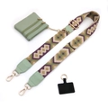 Detail of adjustable woven shoulder strap set with a mini purse and gold hardware - No.14 Purple Rhombus + Green Leather