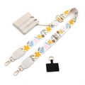 Detail view of floral embroidered wide shoulder strap with a beige triple zipper mini pouch - No.16 White Yellow Floral + White Leather