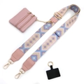 Pink bohemian strap and triple-layer zipper purse for phone and bag accessories - No.21 Pink Purple Rhombus + Pink Leather