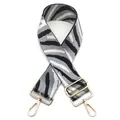 Detailed view of zebra pattern bag strap with gold metal lobster clasps and adjuster - Style 8 Gray White Black