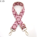 Detail view of pink and wine red geometric diamond pattern adjustable bag strap with gold hooks - Khaki Rose Pink (C-15)
