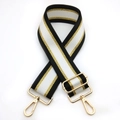 Adjustable wide shoulder strap with gold metallic silk stripes and golden lobster clasps - Black White Gold with Gold Buckle