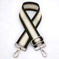 Adjustable wide replacement bag strap with black white gold stripes and silver metal hooks - Black White Gold with Silver Buckle