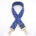 Detail view of adjustable geometric blue and beige woven shoulder strap with gold metal hooks - No.6 Royal Blue