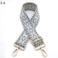 Detail of adjustable embroidered bag strap with blue geometric patterns and gold buckles - Beige Lake Blue (S-6)