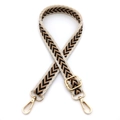 Detailed view of adjustable chevron pattern bag strap with gold metal swivel hooks - No.7 Black Khaki with Beige Border