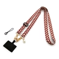 Detail of red and white woven phone strap with gold buckles and white pearl charm - Red
