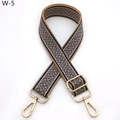 Close-up of zigzag woven adjustable shoulder strap with gold metal buckles and brown hues - Silver Clasp / Khaki Blue Zigzag (W-5)