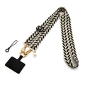 Crossbody phone strap with embroidered leaf pattern, gold hardware and pearl pendant charm - Gold Buckle + Hook Ring Rivet / Black