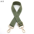 Detail of army green woven shoulder strap with arrow pattern and gold metal hooks - Silver Clasp / Matcha Green
