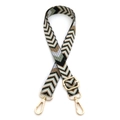 Close-up of adjustable woven purse strap with retro geometric chevron pattern and gold metal hooks - No.7 Black Matcha Green