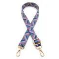 Detail view of colorful geometric woven bag strap with adjustable gold lobster clasps - Style 2 Gray Purple Beige Lake Blue (Silver Buckle)