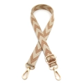 Close-up of adjustable beige and brown herringbone bag strap with gold metal hooks - Beige Brown