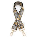 Close-up of adjustable ethnic style woven bag strap with yellow floral patterns and gold hooks - No.9 Black White Light Brown Floral