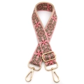 Close-up of adjustable ethnic style bag strap with pink geometric embroidery and gold hardware - No.12 Flesh Pink Floral