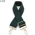 Close-up of dark green herringbone pattern bag strap with adjustable gold metal hardware - Green